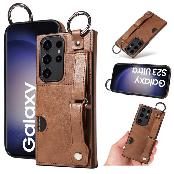 Samsung Galaxy S23 Ultra Hand Strap PU Card Case Brown Samsung Galaxy S23 Ultra Hand Strap PU Card Case Brown