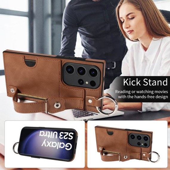 Samsung Galaxy S23 Ultra Hand Strap PU Card Case Brown Samsung Galaxy S23 Ultra Hand Strap PU Card Case Brown