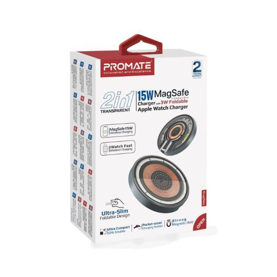 PROMATE 2-in-1 15W MagSafe Wireless Charger & Apple Watch Dock, Foldable Design, 1m Cable, USB-C - MAGRING
