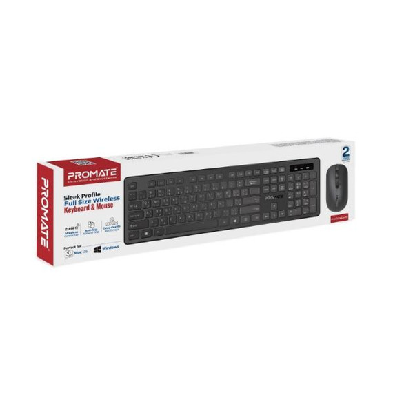 PROMATE Slim Wireless Keyboard & Mouse Combo, Ergonomic, 1600dpi, 10m Range, Quiet Keys - PROCOMBO-13