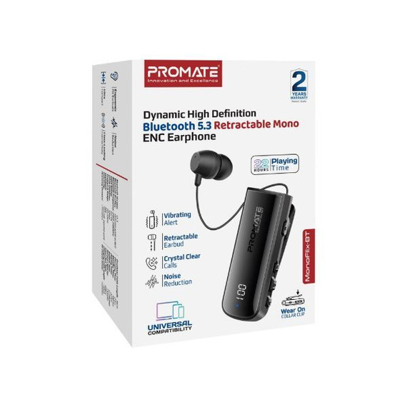 PROMATE Mono Bluetooth Earphone with HD Sound & Mic, IPX7 Waterproof, 22H Playtime, Noise Reduction - MONOFLIX-BT