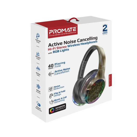 PROMATE HiFi Wireless Noise Cancelling Headphones with RGB Lighting, 40Hrs Playback, GunMetal - TRANSTUNE.GMT