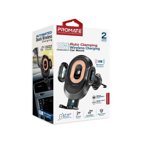 PROMATE 15W Auto Clamping Wireless Car Mount for 4.7-6.7" Devices, Black POWERMOUNT-2