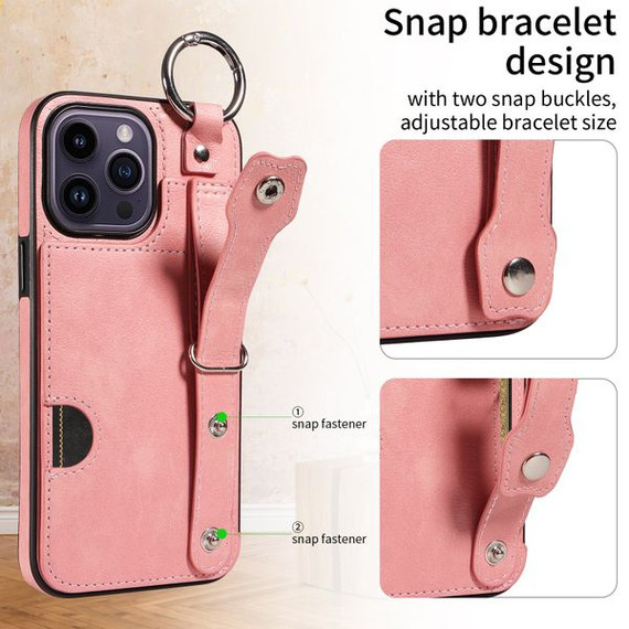 Apple iPhone 14 Pro Max Hand Strap PU Card Case Pink