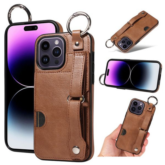 Apple iPhone 14 Pro Max Hand Strap PU Card Case Brown