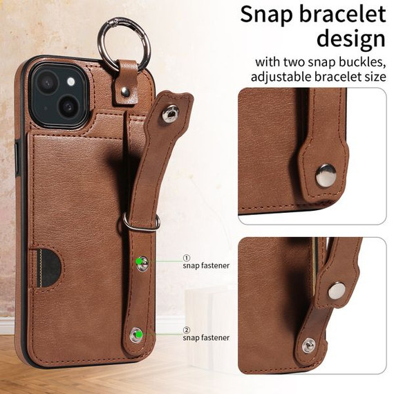 Apple iPhone 15 Plus Hand Strap PU Card Case Brown