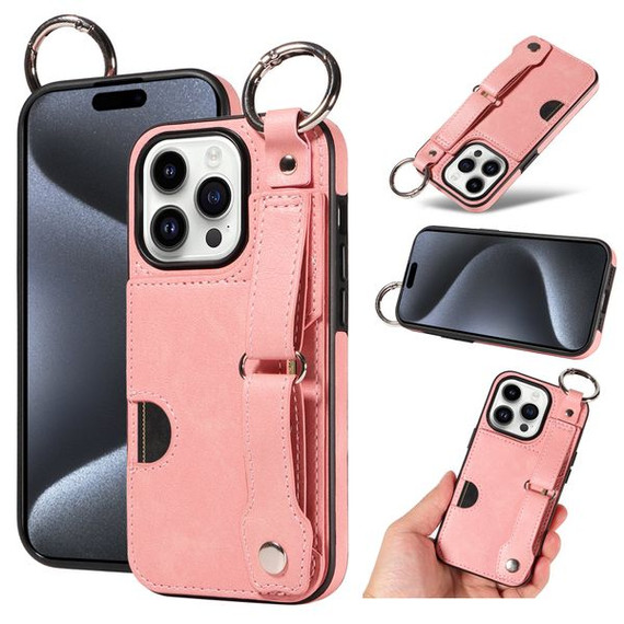 Apple iPhone 15 Pro Hand Strap PU Card Case Pink Apple iPhone 15 Pro Hand Strap PU Card Case Pink