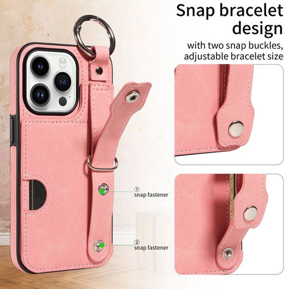 Apple iPhone 15 Pro Hand Strap PU Card Case Pink Apple iPhone 15 Pro Hand Strap PU Card Case Pink