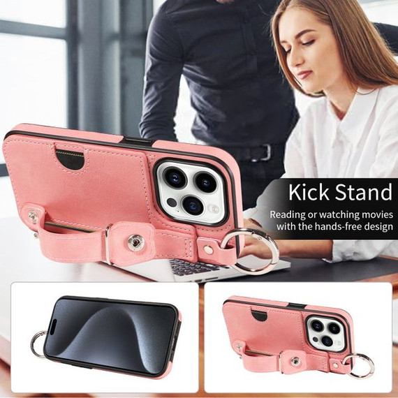 Apple iPhone 15 Pro Hand Strap PU Card Case Pink Apple iPhone 15 Pro Hand Strap PU Card Case Pink
