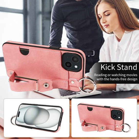 Apple iPhone 15 Plus Hand Strap PU Card Case Pink