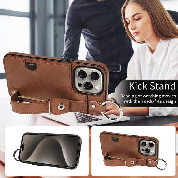 Apple iPhone 15 Pro Max Hand Strap PU Card Case Brown