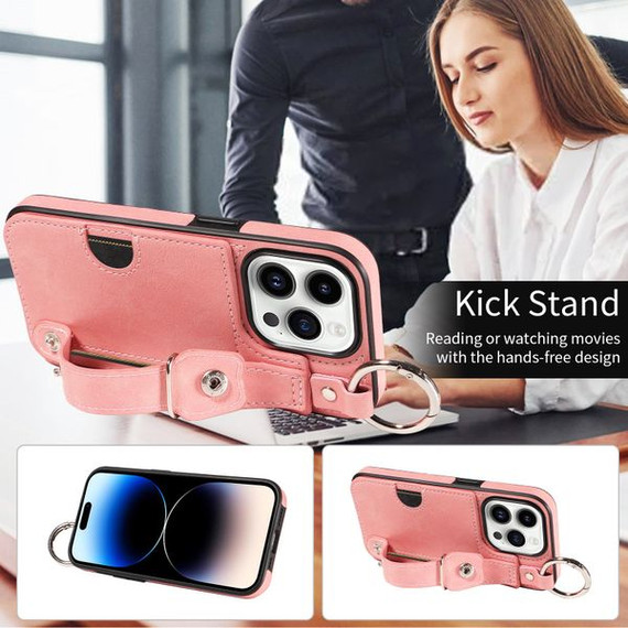 Apple iPhone 14 Pro Hand Strap PU Card Case Pink