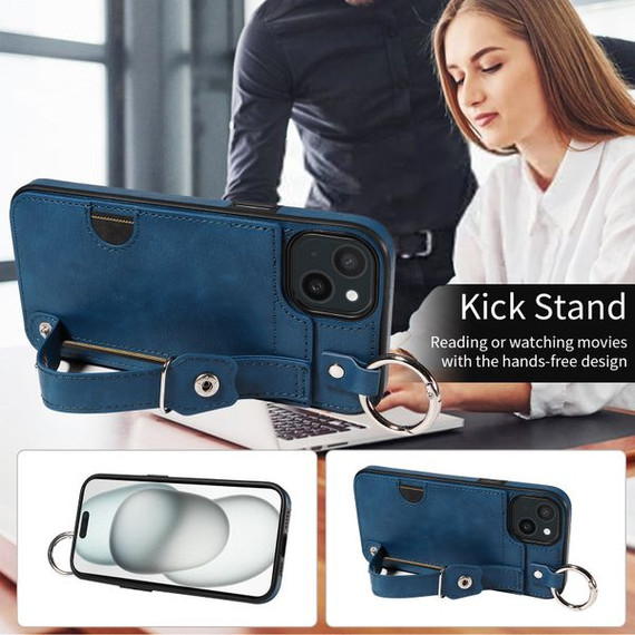 Apple iPhone 14 Plus Hand Strap PU Card Case Navy Apple iPhone 14 Plus Hand Strap PU Card Case Navy
