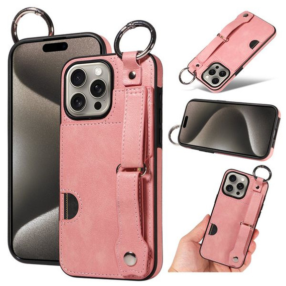 Apple iPhone 15 Pro Max Hand Strap PU Card Case Pink