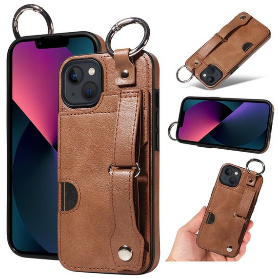 Apple iPhone 13 Hand Strap PU Card Case Brown