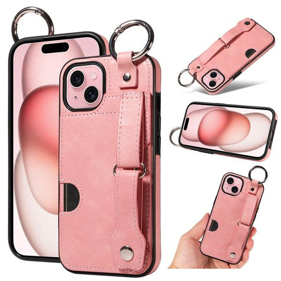Apple iPhone 15 Hand Strap PU Card Case Pink
