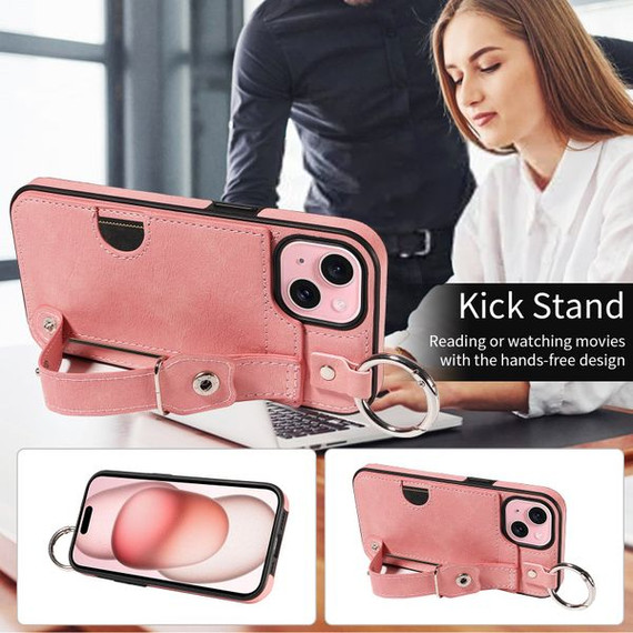 Apple iPhone 15 Hand Strap PU Card Case Pink