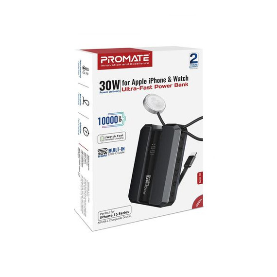 PROMATE 10000mAh 30W PD Ultra-Fast Power Bank with Built-in USB-C Cable & Apple Watch Charger, Lightweight & Portable, Black - NEO-10.BLK