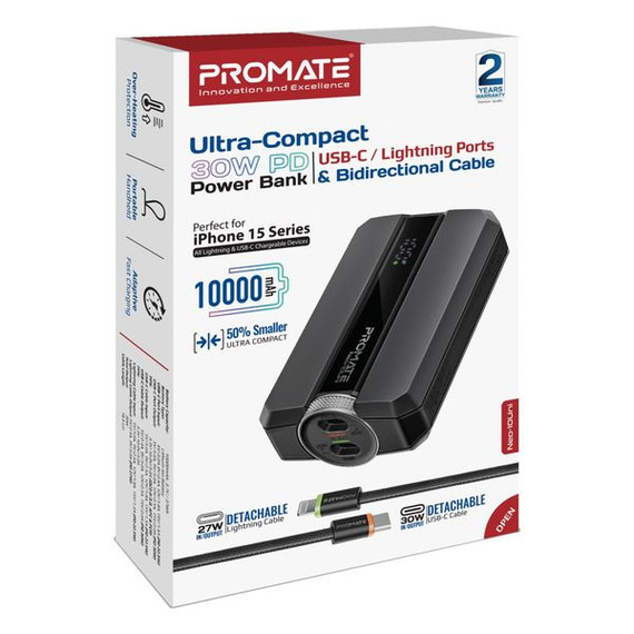 PROMATE NEO-10UNI.BLK 10000mAh 30W PD Ultra-Fast Power Bank with USB-C & Lightning Ports, Smart LED Screen, Lightweight & Portable