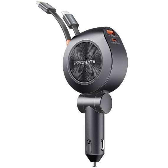 PROMATE 88W Multi-Port In-Car Phone Charger with Dual Retractable USB-C & Lightning Cables - DRIVEGEAR-R2