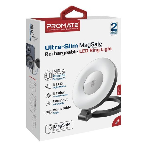 PROMATE Ultra-Slim LED MagSafe Rechargeable Ring Light with 3 Modes, 180° Adjustment, Touch Control, KickStand, 300mAh Battery - MAGHALO