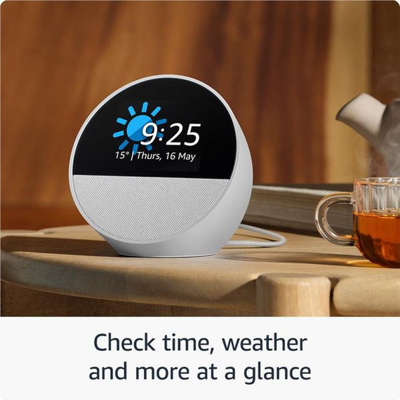 Amazon Echo Spot Smart Alarm Clock with Alexa (2024) [ Glacier White ]