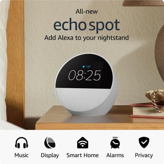 Amazon Echo Spot Smart Alarm Clock with Alexa (2024) [ Glacier White ]