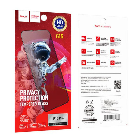 Hoco Privacy Protection Glass Screen Protector (G15) [ iPhone 16 Pro Max Compatible]