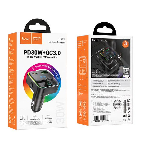Hoco 30W FM Car Kit with PD+QC, RGB Light (E81) Hoco 30W FM Car Kit with PD+QC, RGB Light (E81)