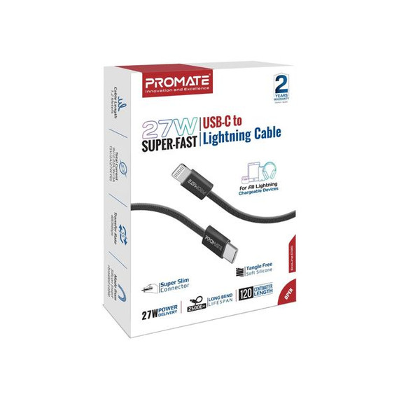 PROMATE 1.2m 27W PD USB-C to Lightning Connector Cable. Fabric Braided Cable, 25000 Bend Lifespan, Black Colour  