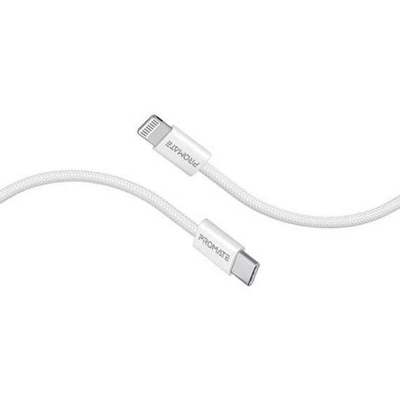 PROMATE 1.2m 27W PD USB-C to Lightning Connector Cable. Fabric Braided Cable, 25000 Bend Lifespan, White Colour  