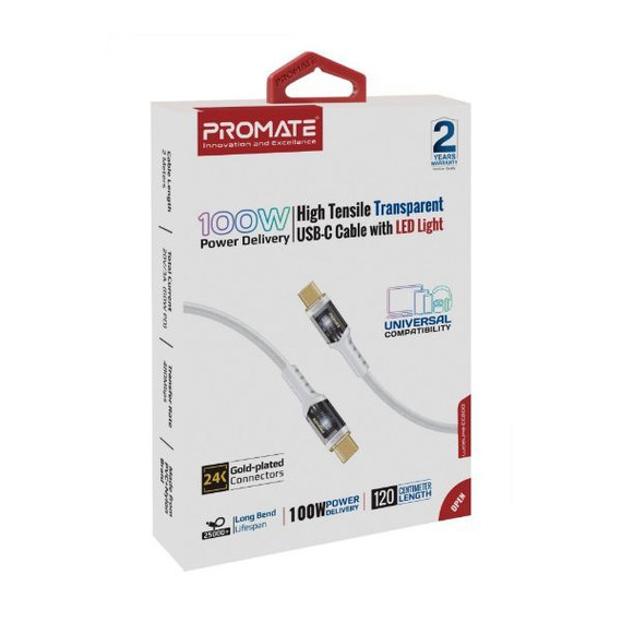 PROMATE 2m USB-C to USB-C Ultra-Fast 100W PD Cable with Transparent Connectors. Supports Data & Charge, LED Light, Gold Plated Connectors, Supports Transfer Rate 480Mbps. White Colour