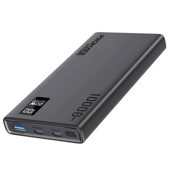 PROMATE 10000mAh Super Slim Smart Charging Power Bank with 20W Dual USB-C & 1x 22.5W USB-A QC 3.0 Port. LCD Battery Display, Compatible with All Smart Phones & Tablets. Automatic Voltage Regulation. Black