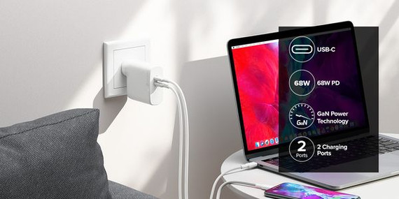 Alogic 2X68 Rapid Power 2 Port 68W Gan Charger Usb-C (50W) + Usb-C (Max. 18) Includes 2M Usb-C Charging Cable