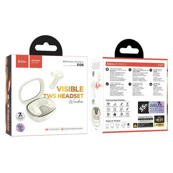 Wireless TWS Earbud w/ Battery % Display, Clear Case (EQ6) [White] 