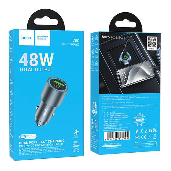 48W PD+QC Super Fast Car Charger w/ Metallic Body, LED Ring Light (Z60) 