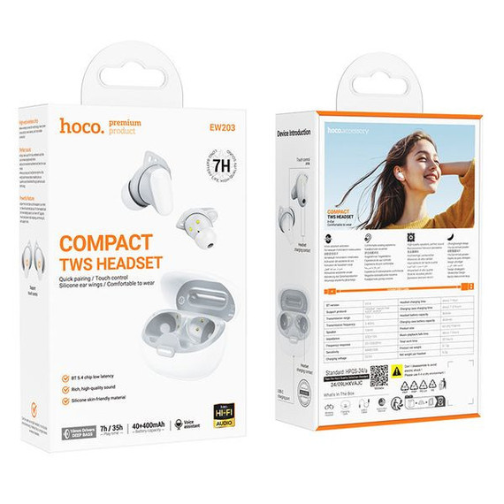 TWS Earbud w/ 7 Hour, Deep Bass, Compact Design, Soft Silicone Ear Wings (EW203) [White] 