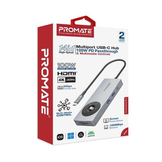PROMATE 14-in-1 USB Multi-port Hub with USB-C, HDMI, RJ45, USB-A, USB-C PD, SD/TF Reader, Privacy Screen - COMANDHUB-PRO