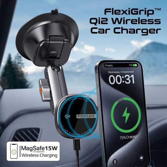 PROMATE FlexiGrip 15W MagSafe Qi2 Wireless Charger with Flexible Dual Ball Joints - Cradleless 360 Design for Windshield or Dashmount - FLEXDRIVE-QI2
