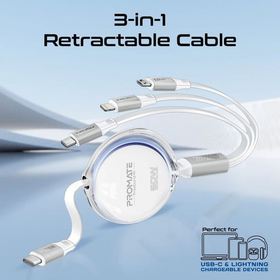 PROMATE 1.1m 3-in-1 Ultra-Fast Retractable USB-C Multi-Connector Cable - 60W PD, Lightning & Micro-USB Support, White TRIOCORD-R.WHT