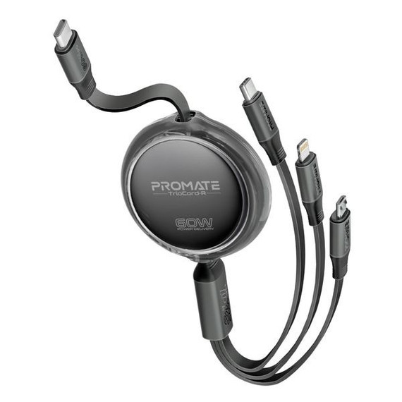 PROMATE 1.1m 3-in-1 Ultra-Fast Retractable USB-C Multi-Connector Cable - 60W PD, Lightning & Micro-USB Support, Black TRIOCORD-R.BLK
