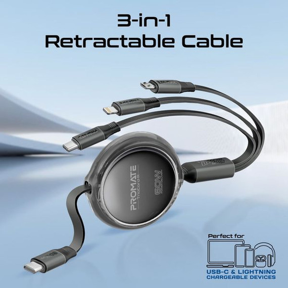 PROMATE 1.1m 3-in-1 Ultra-Fast Retractable USB-C Multi-Connector Cable - 60W PD, Lightning & Micro-USB Support, Black TRIOCORD-R.BLK 