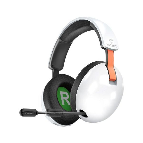 VERTUX High Performance Wireless BT Gaming Headset with Retractable Mic Up to 80Hrs Playback, Connect Via Bluetooth, USB Dongle, or AUX, 1000mAh Built-in Rechargable Battery, 10m Op Distance, White