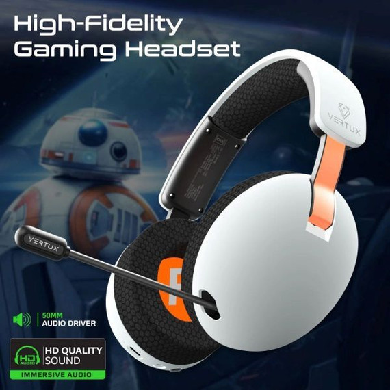 VERTUX High Performance Wireless BT Gaming Headset with Retractable Mic Up to 80Hrs Playback, Connect Via Bluetooth, USB Dongle, or AUX, 1000mAh Built-in Rechargable Battery, 10m Op Distance, White