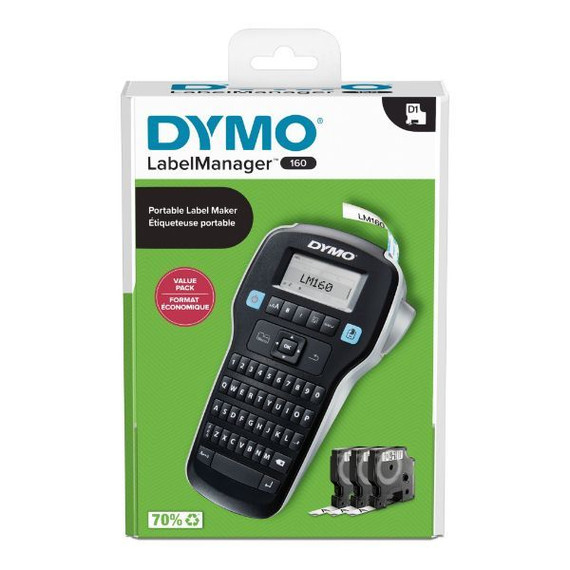 DYMO LabelManager 160p Portable Label Maker Value Pack. Includes 3x D1 Rolls of Tape 12mm x 7m Black/White. QWERTY Keyboard, Edit with One
