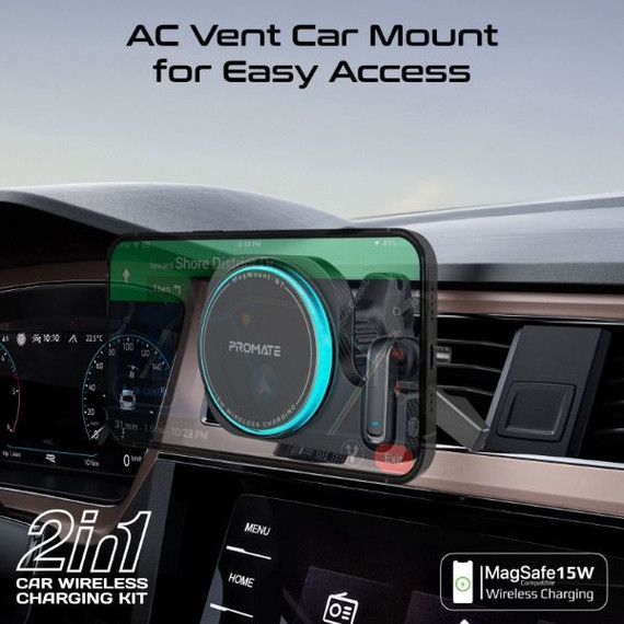 PROMATE 2-in-1 MagSafe 15W Wireless In-Car Phone Charger with Built-in Wireless Mono ENC Earphone. Intellitouch Control, Crystal Clear Calls, 160 Hours Standby Time, Operating Distance 15m.