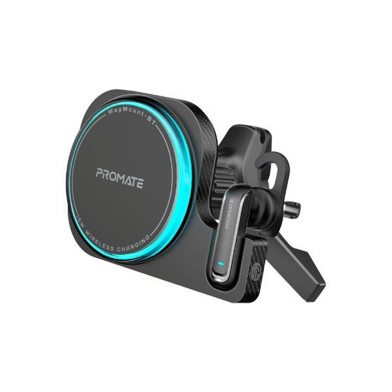 PROMATE 2-in-1 MagSafe 15W Wireless In-Car Phone Charger with Built-in Wireless Mono ENC Earphone. Intellitouch Control, Crystal Clear Calls, 160 Hours Standby Time, Operating Distance 15m.