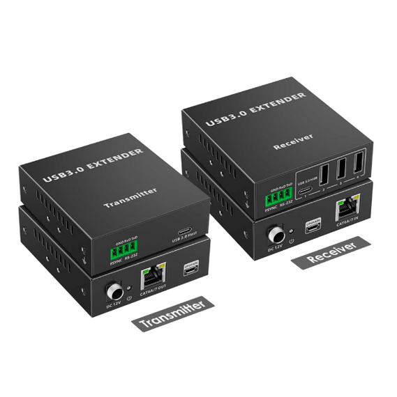 LENKENG 4-Port USB-A 3.0 Extender Over Cat5e/6/7 Network Cable. Extend up to 90m (Cat6a). Easy Plug & Play. Includes Both Tx & Rx Units Rx Includes 4x USB-A, 1x RJ45 In Ports. Tx 1x USB-A, 1x RJ45 Out.