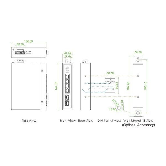 CTC UNION 4 Port Gigabit Unmanaged Compact Switch. -10C~+60C. 4x 10/100/1000Base-T, plus 2x 100/1000Base-X SFP (Total 6 ports). 4KV Surge Protection. Din Rail with Screws Included.