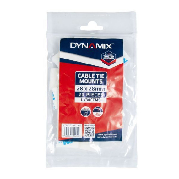 DYNAMIX 28 x 28mm Self Adhesive Natural Cable Ties Mount. Pack of 20   